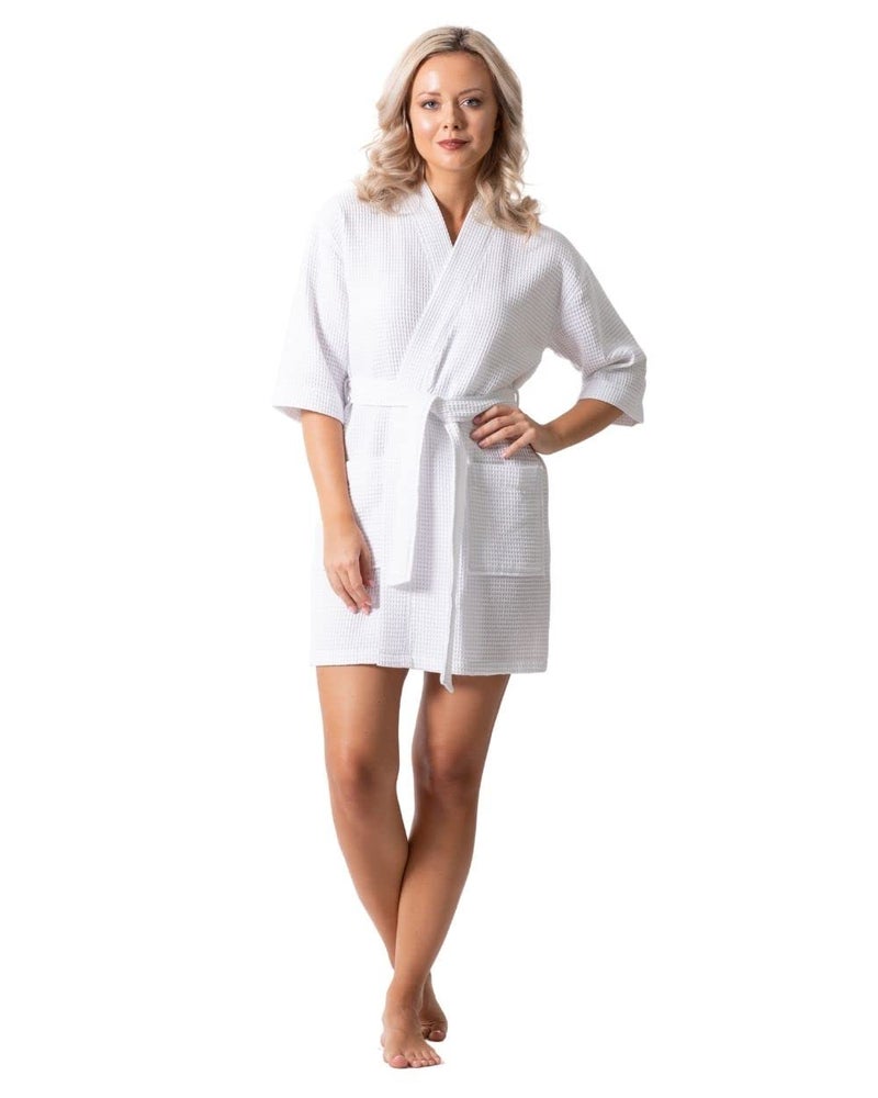 Turkish Linen Women's Knee Length Waffle Weave Kimono Bathrobe, White, 2XL - Image 1